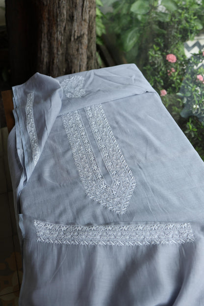 Grey Shade Mulmul Chikankari Unstitched Men's Kurtas Fabric
