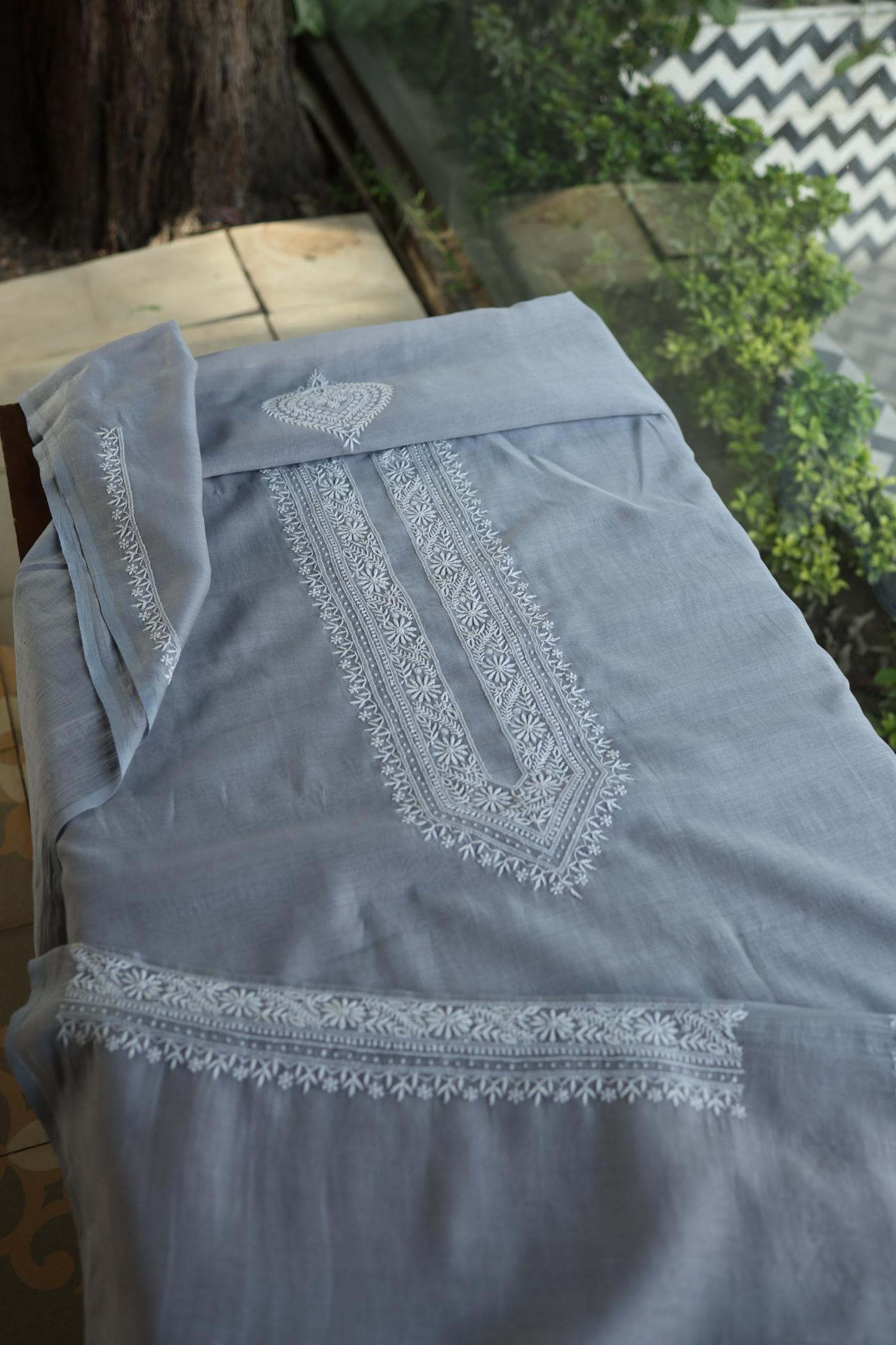 Grey Shade Mulmul Chikankari Unstitched Men's Kurtas Fabric