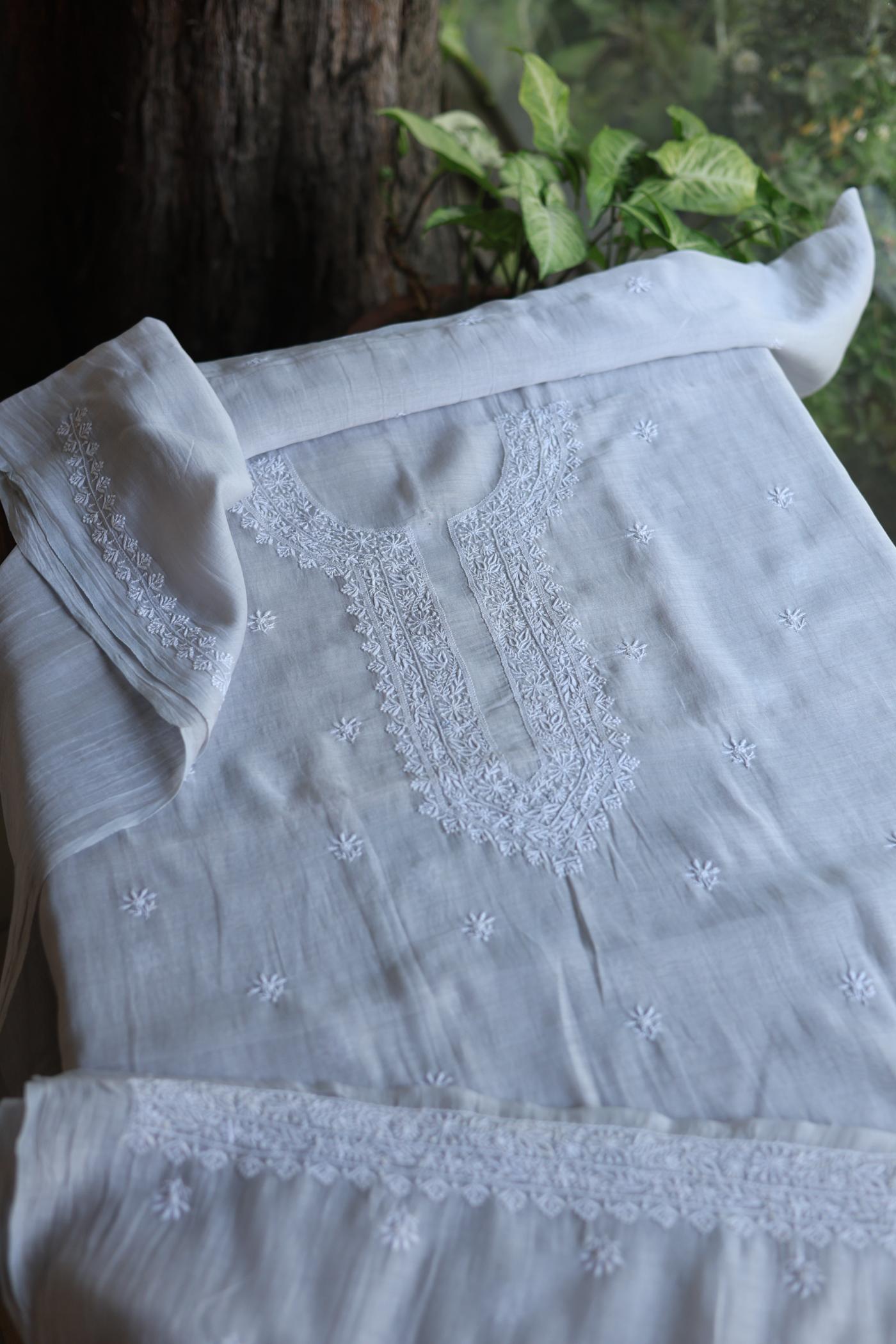 Grey Shade Mulmul Chikankari Unstitched Men's Kurtas Fabric