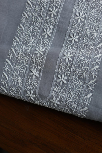 Grey Shade Mulmul Chikankari Unstitched Men's Kurtas Fabric