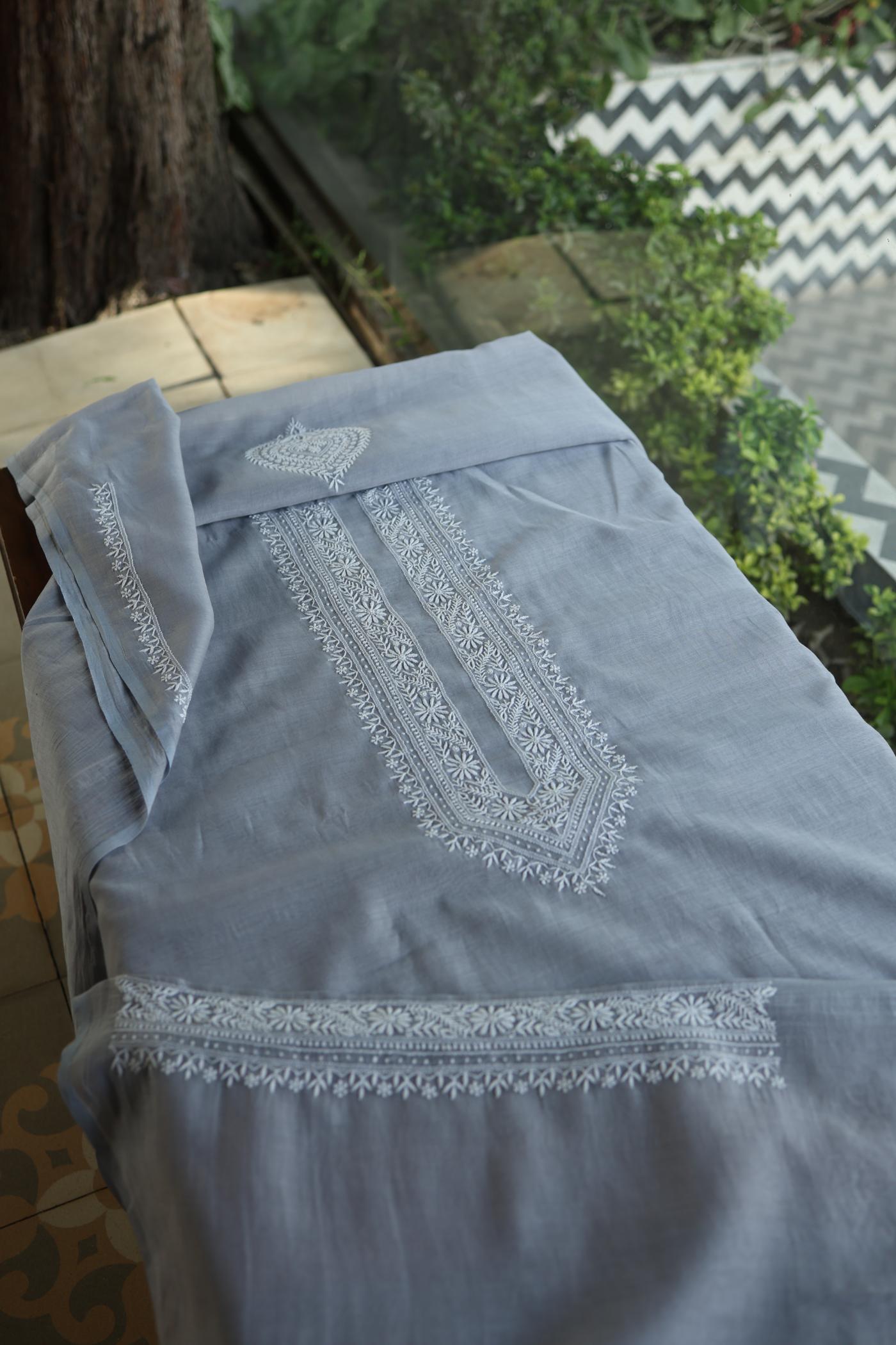 Grey Shade Mulmul Chikankari Unstitched Men's Kurtas Fabric