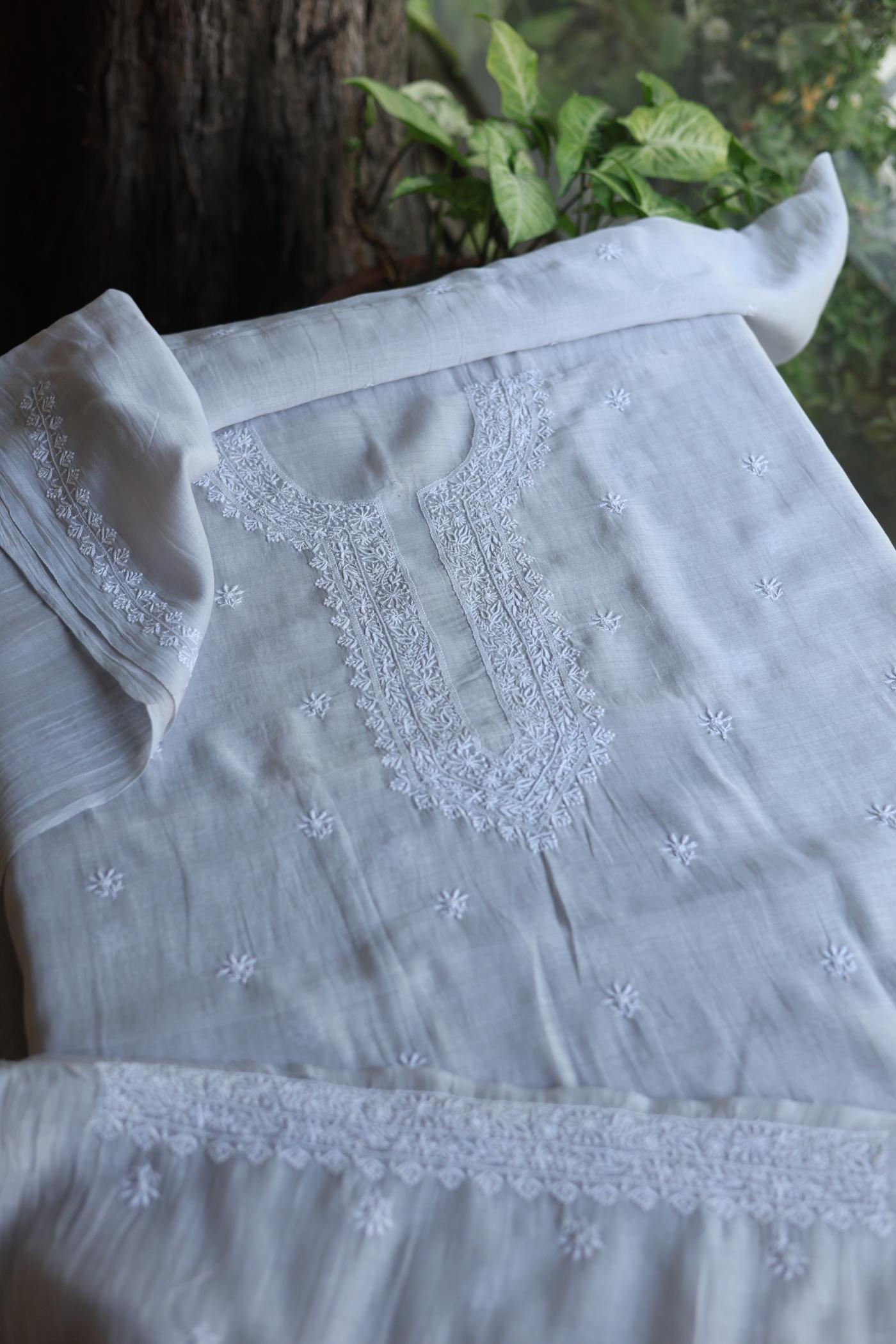 Grey Shade Mulmul Chikankari Unstitched Men's Kurtas Fabric