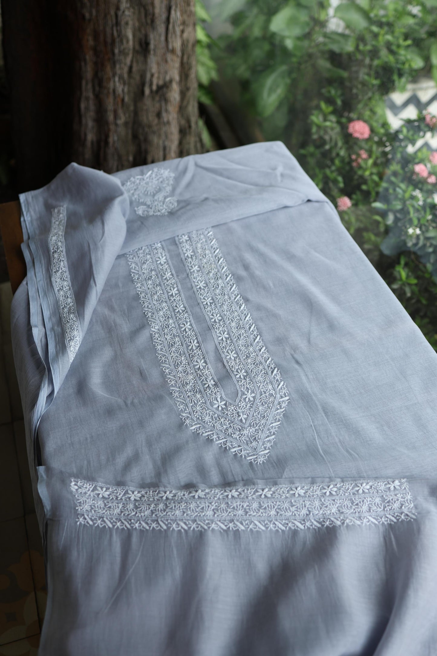 Grey Shade Mulmul Chikankari Unstitched Men's Kurtas Fabric