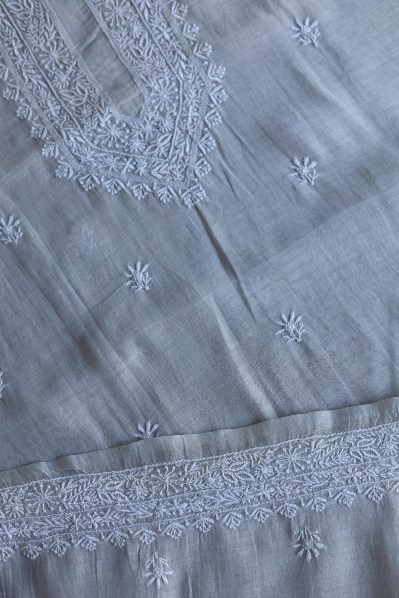 Grey Shade Mulmul Chikankari Unstitched Men's Kurtas Fabric