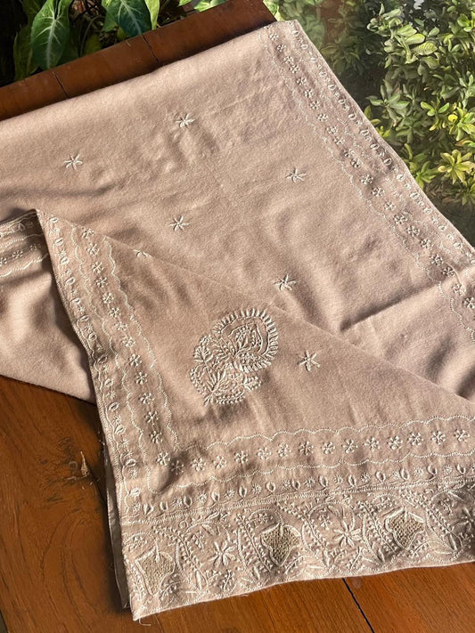 Grey Shade Saman Pashmina Resham Thread Chikankari Stole