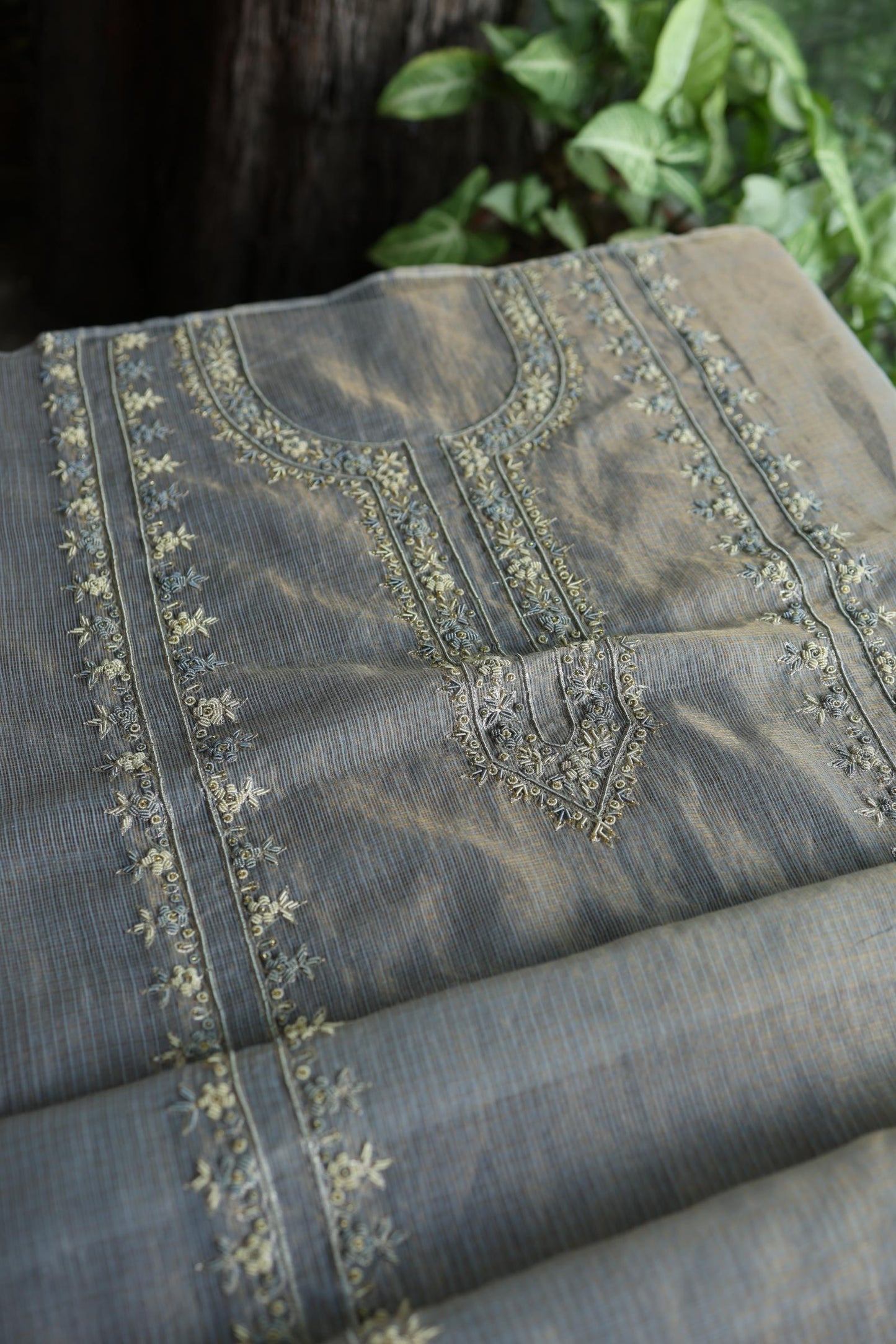 Grey Shade Shade Shade Tissue Kota Chikankari Unstitched Fabric