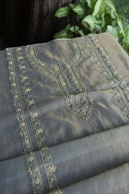 Grey Shade Shade Shade Tissue Kota Chikankari Unstitched Fabric