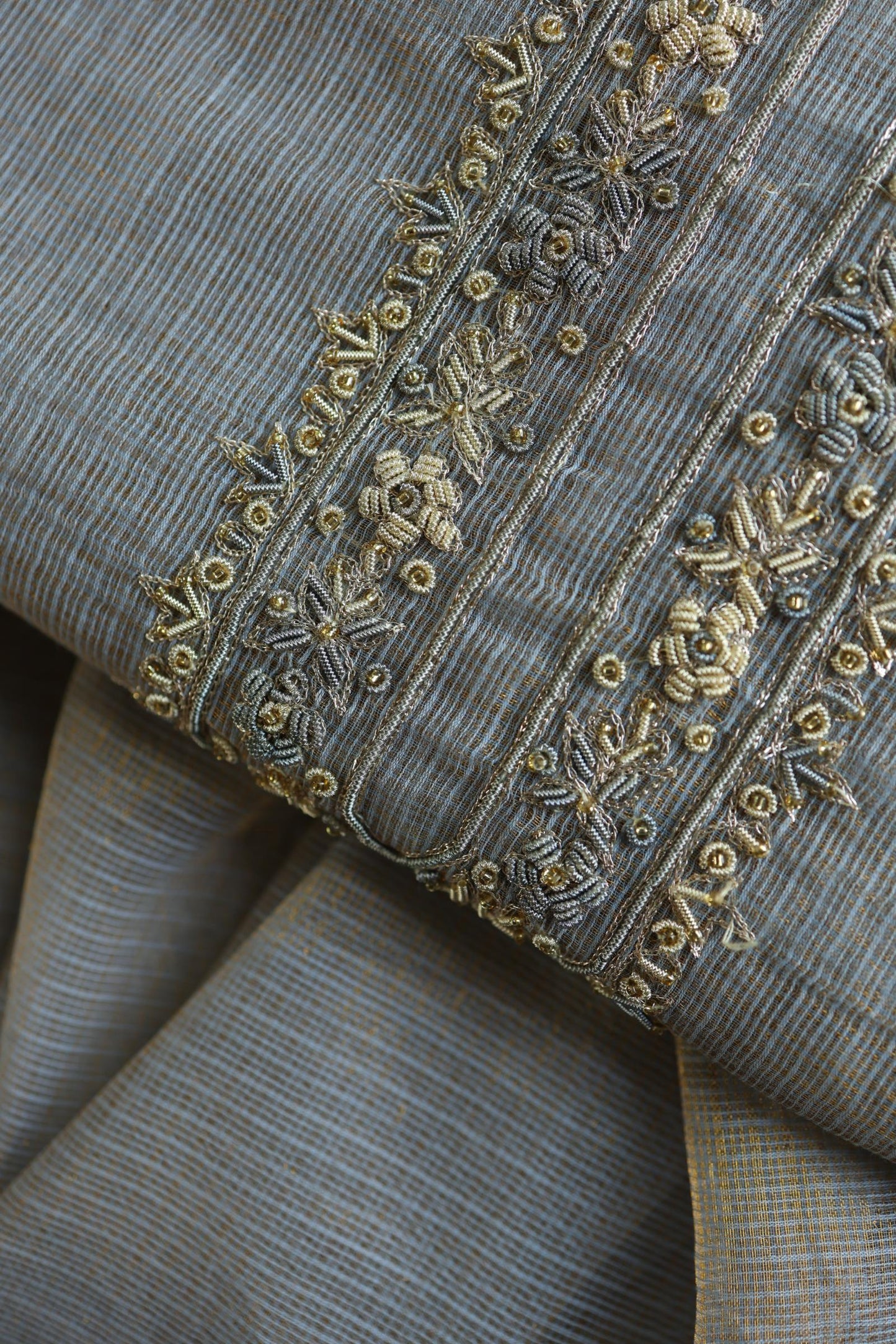 Grey Shade Shade Shade Tissue Kota Chikankari Unstitched Fabric