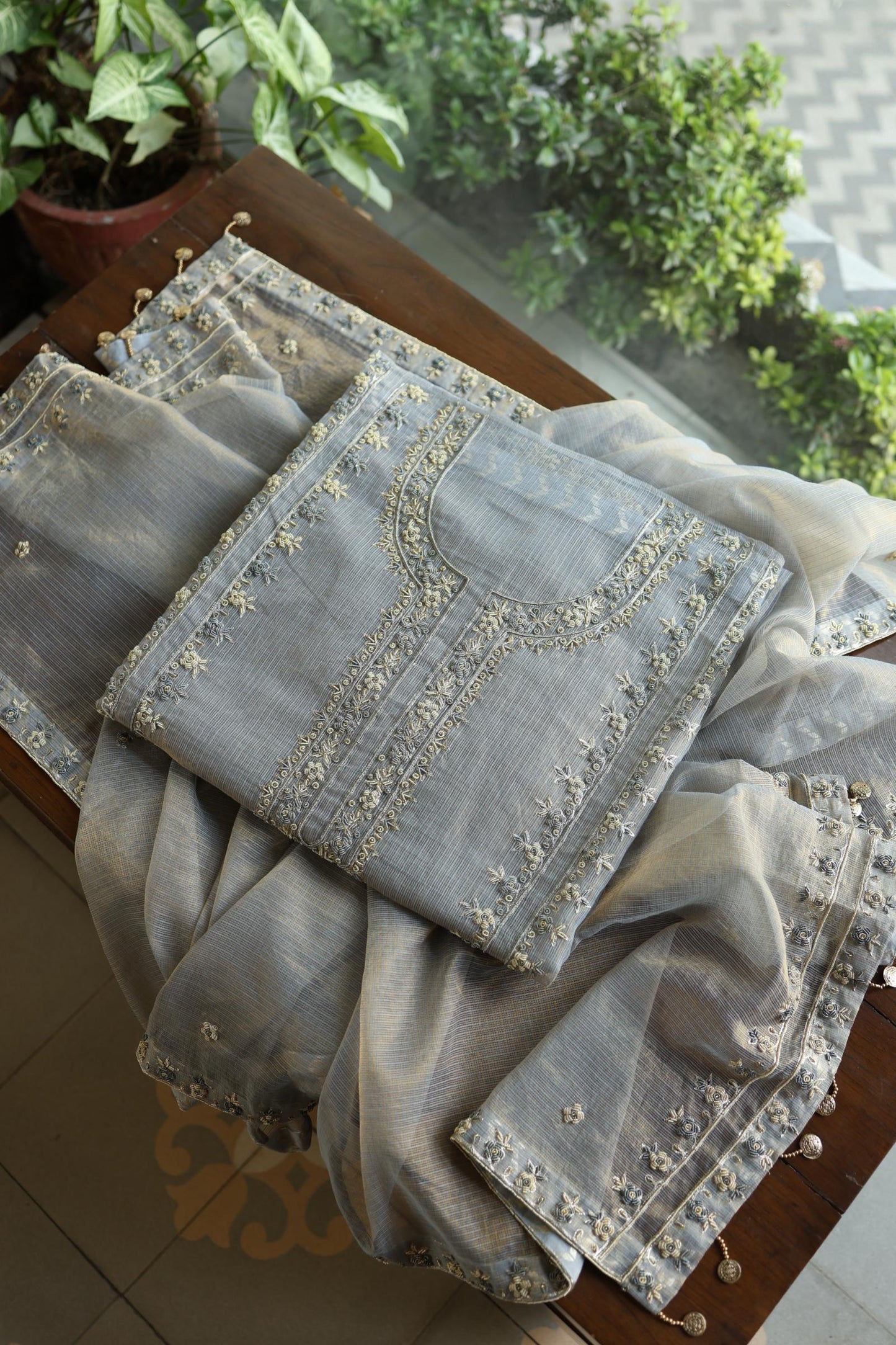 Grey Shade Shade Shade Tissue Kota Chikankari Unstitched Fabric