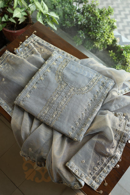 Grey Shade Shade Shade Tissue Kota Chikankari Unstitched Fabric