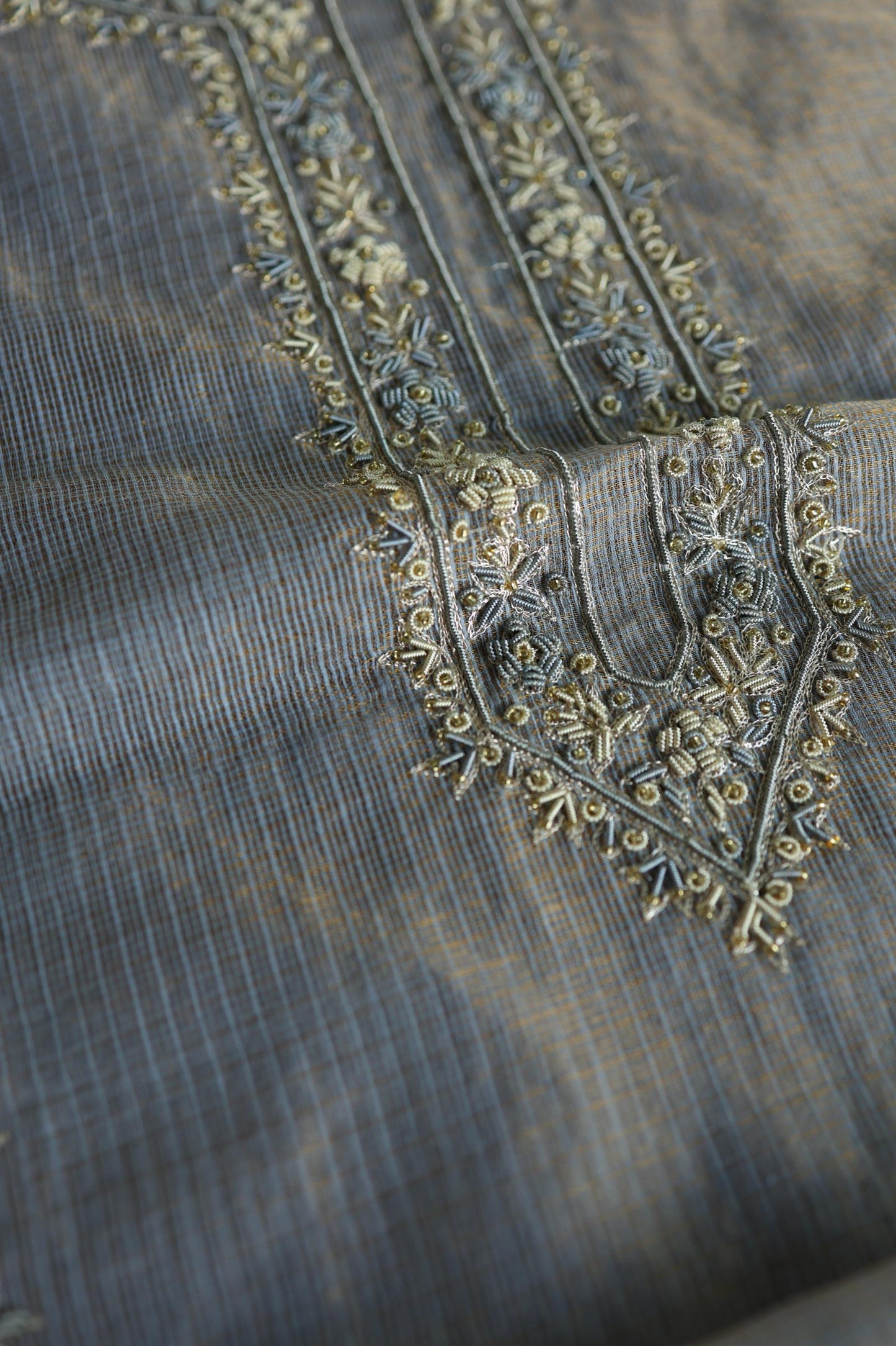 Grey Shade Shade Shade Tissue Kota Chikankari Unstitched Fabric