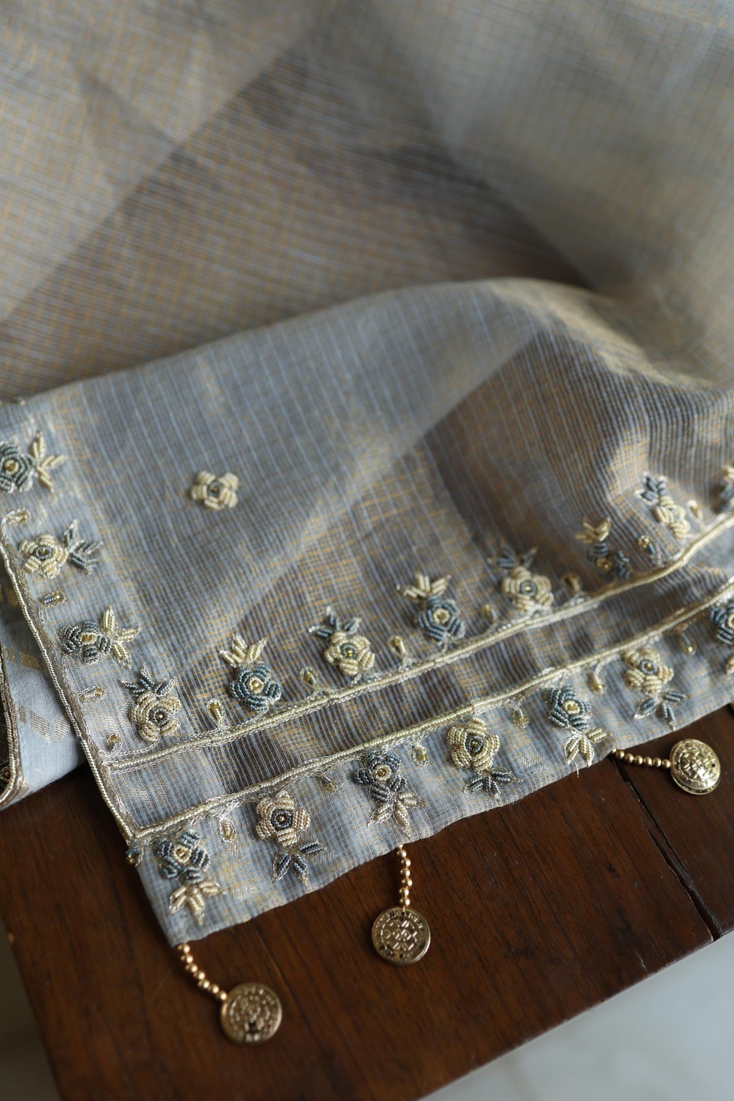 Grey Shade Shade Shade Tissue Kota Chikankari Unstitched Fabric