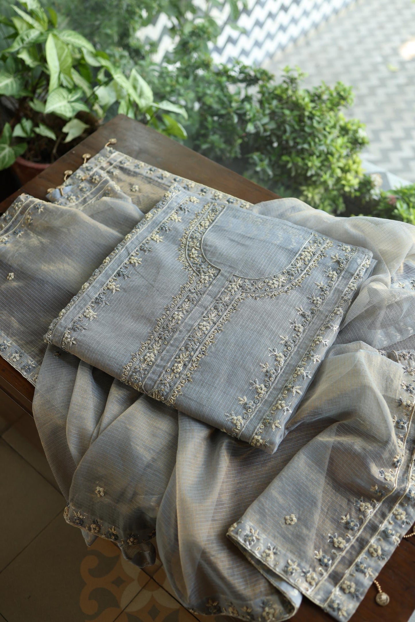Grey Shade Shade Shade Tissue Kota Chikankari Unstitched Fabric