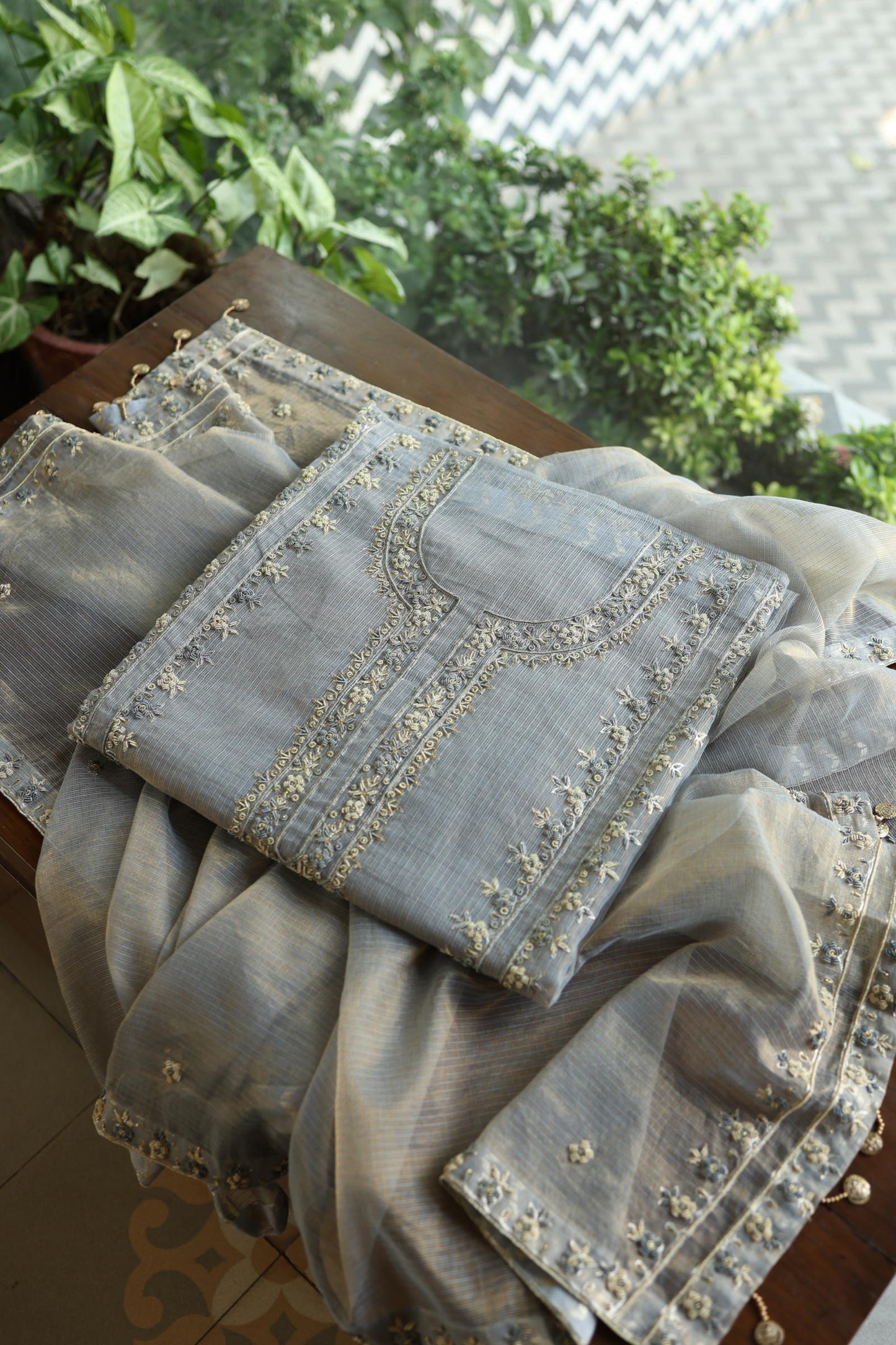 Grey Shade Shade Shade Tissue Kota Chikankari Unstitched Fabric