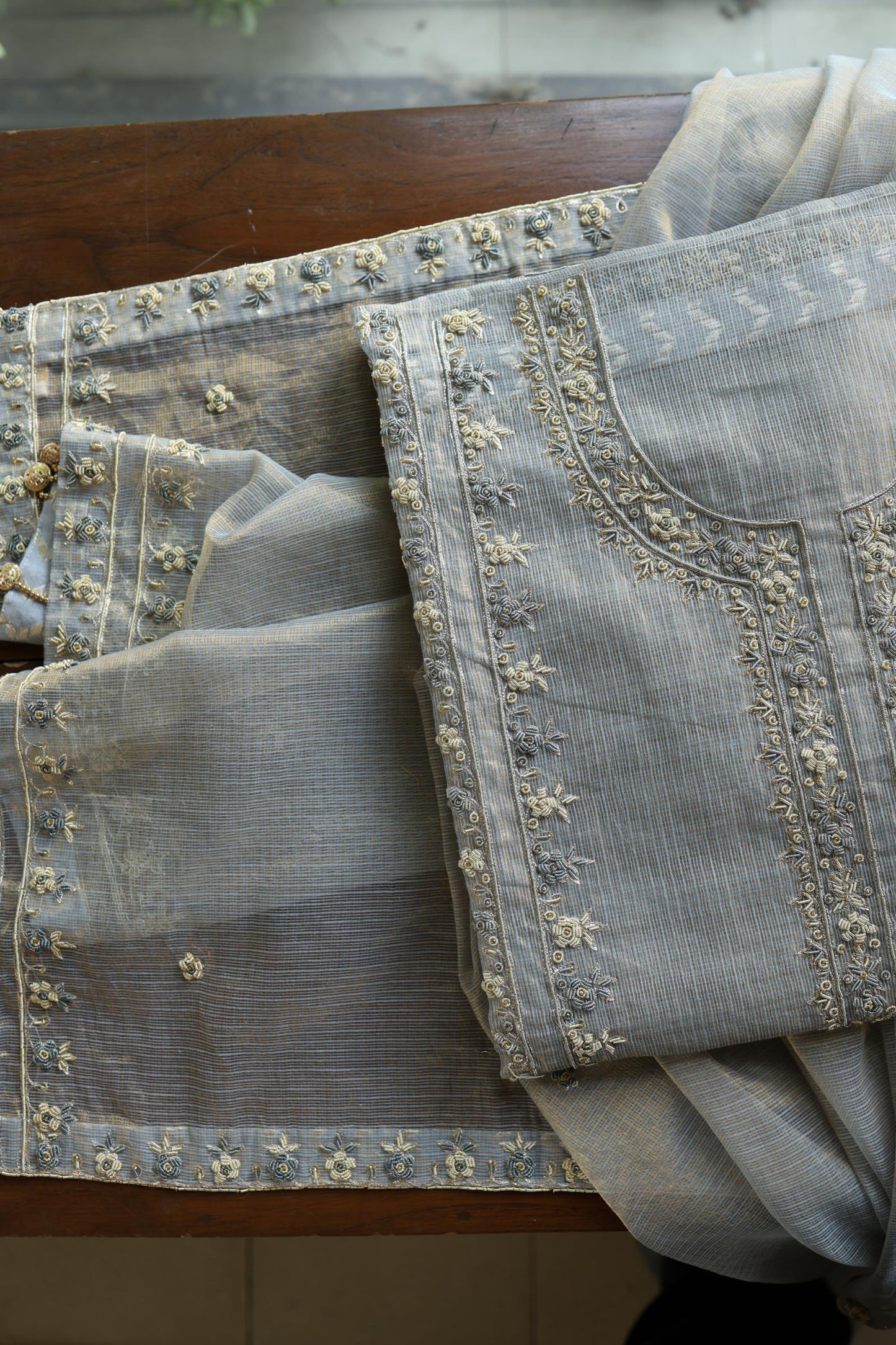 Grey Shade Shade Shade Tissue Kota Chikankari Unstitched Fabric