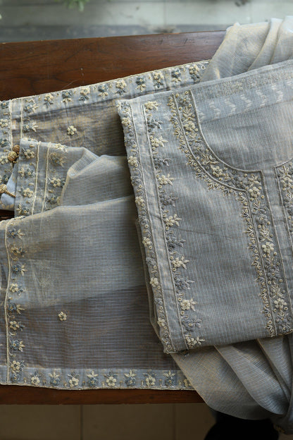 Grey Shade Shade Shade Tissue Kota Chikankari Unstitched Fabric