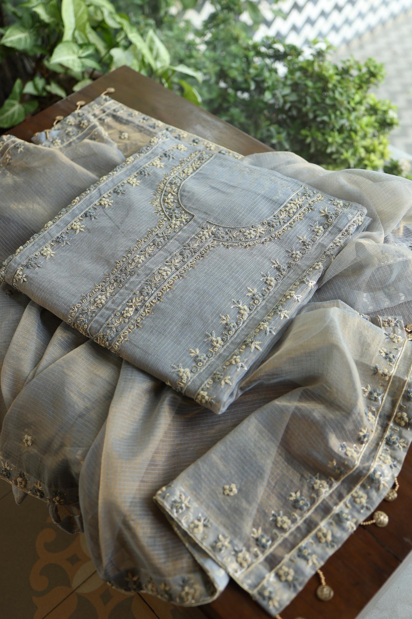 Grey Shade Shade Shade Tissue Kota Chikankari Unstitched Fabric
