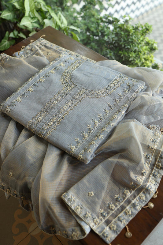 Grey Shade Shade Shade Tissue Kota Chikankari Unstitched Fabric