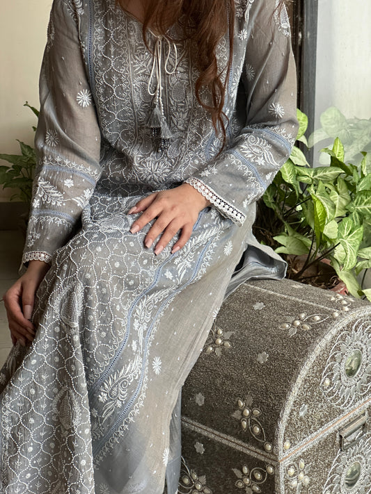 Grey Shade Tissue Silk Chikankari Kalidaar Kurta Dupatta Set