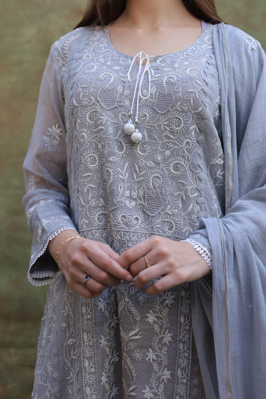 Grey Shade Tissue Silk Chikankari Straight Cut Kurta Dupatta Set