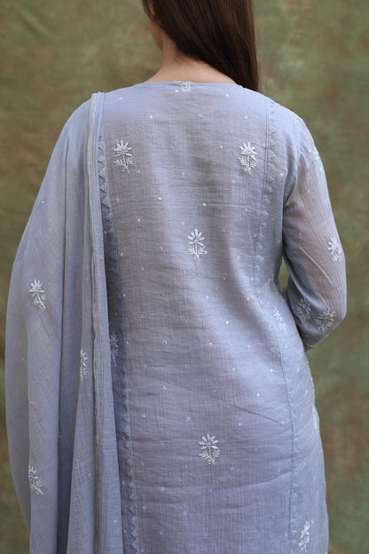 Grey Shade Tissue Silk Chikankari Straight Cut Kurta Dupatta Set