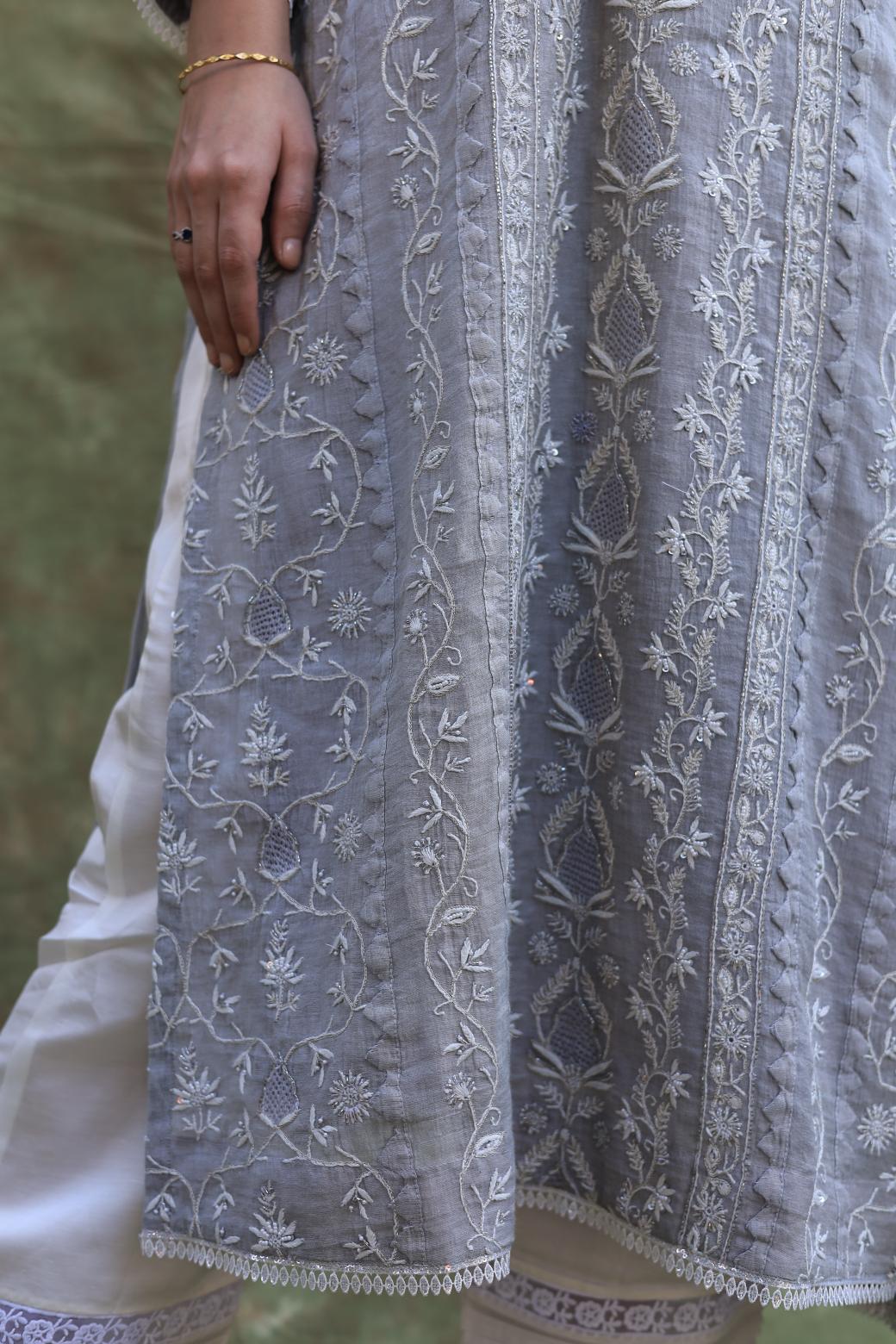 Grey Shade Tissue Silk Chikankari Straight Cut Kurta Dupatta Set