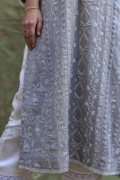 Grey Shade Tissue Silk Chikankari Straight Cut Kurta Dupatta Set