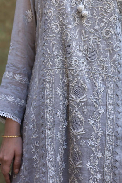 Grey Shade Tissue Silk Chikankari Straight Cut Kurta Dupatta Set