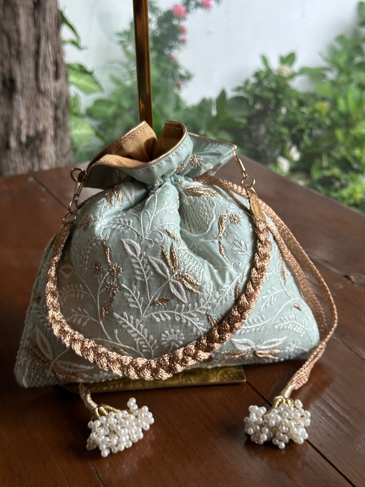 Grey Shade Tussar Silk Chikankari Ari & Kasab Work Potli Bag