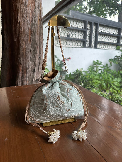Grey Shade Tussar Silk Chikankari Ari & Kasab Work Potli Bag