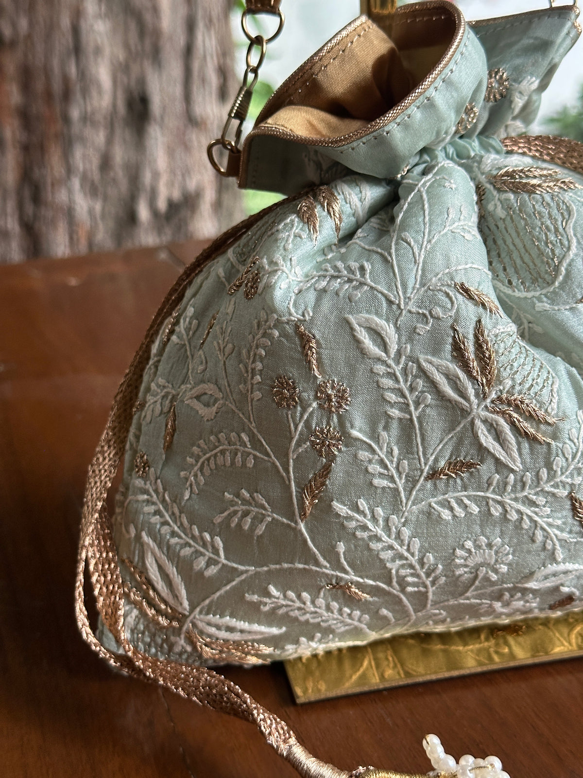 Grey Shade Tussar Silk Chikankari Ari & Kasab Work Potli Bag