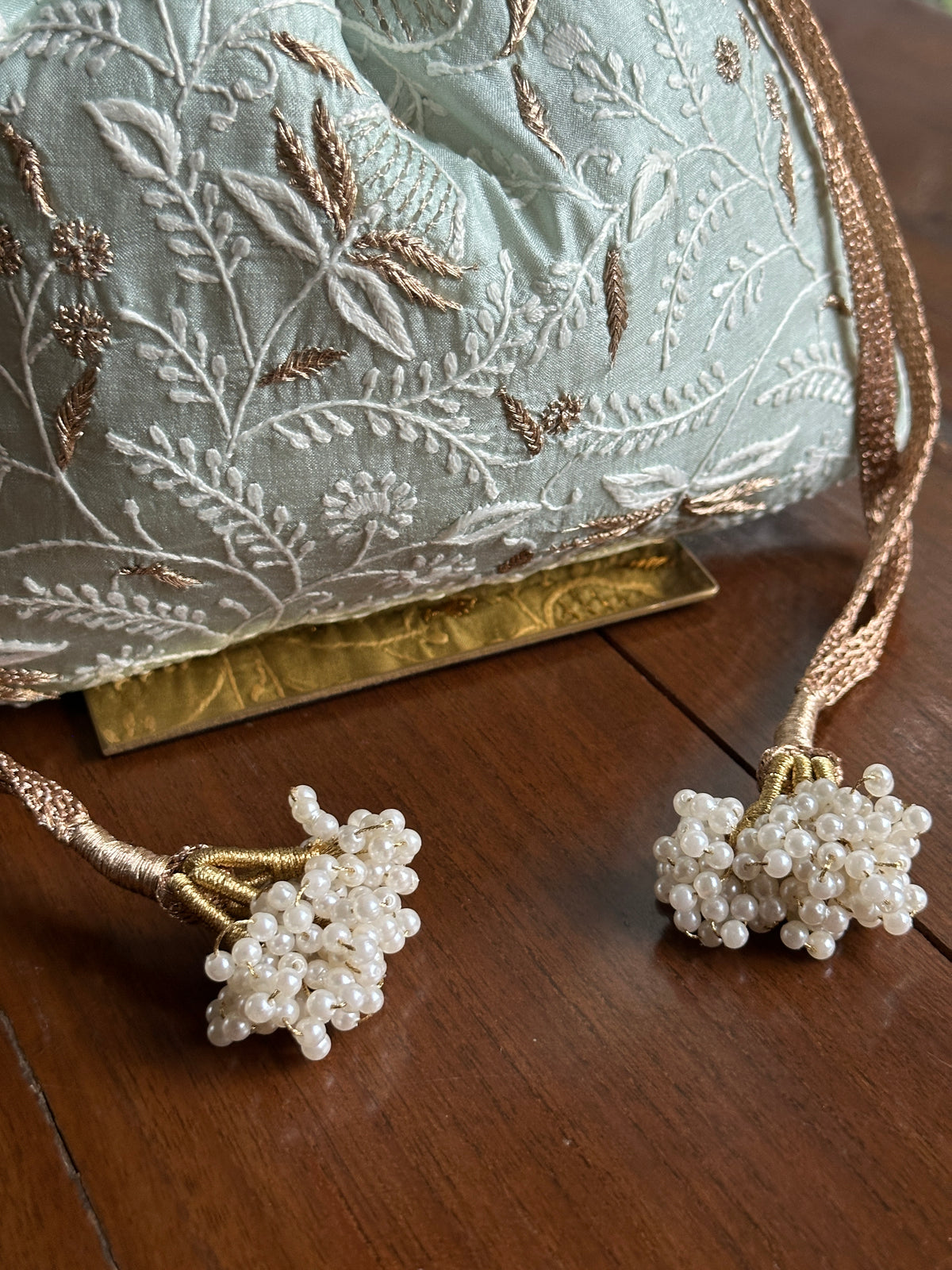Grey Shade Tussar Silk Chikankari Ari & Kasab Work Potli Bag