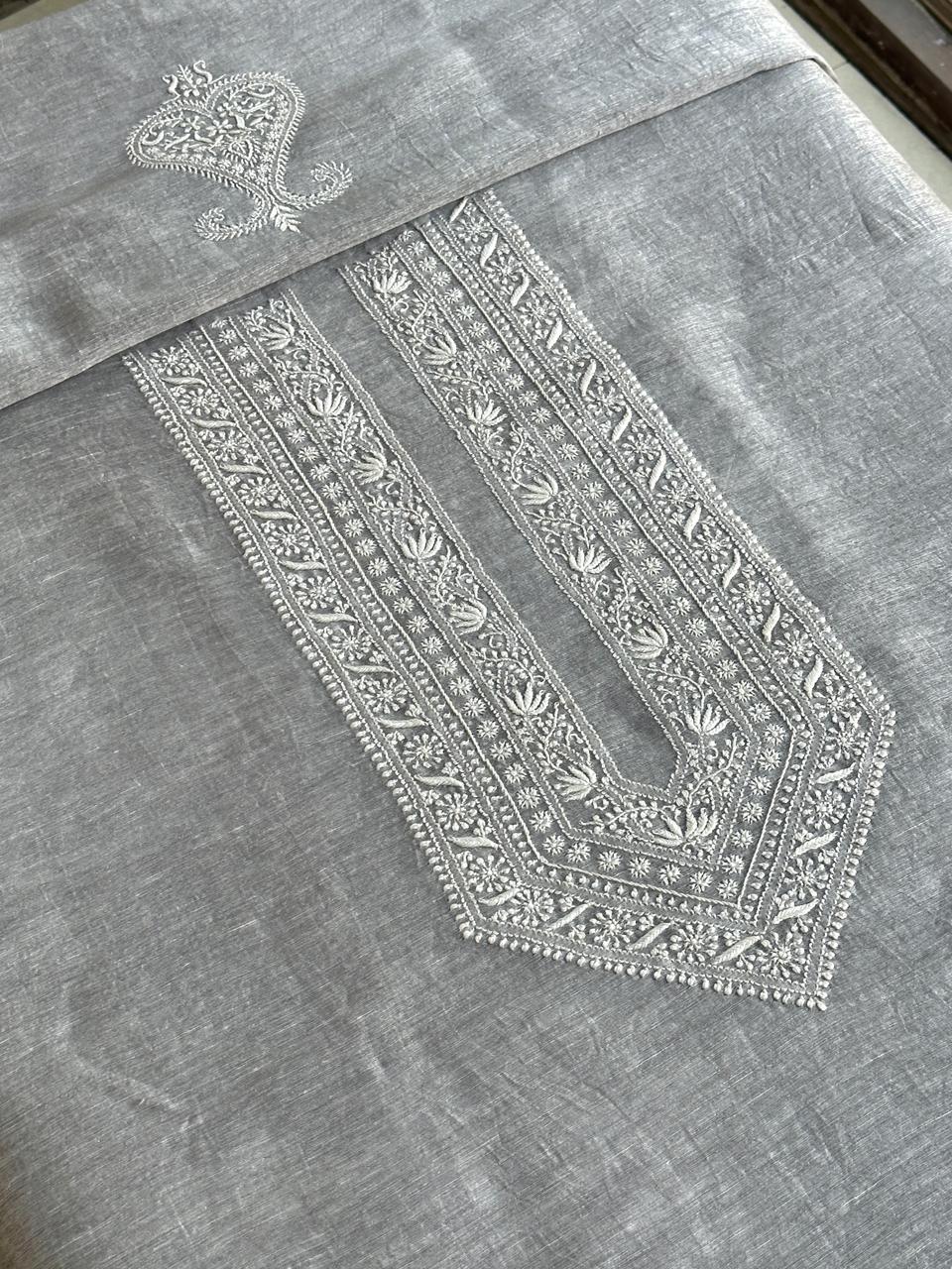 Grey Shade Yellow Linen Chikankari Unstitched Men's Kurtas Fabric