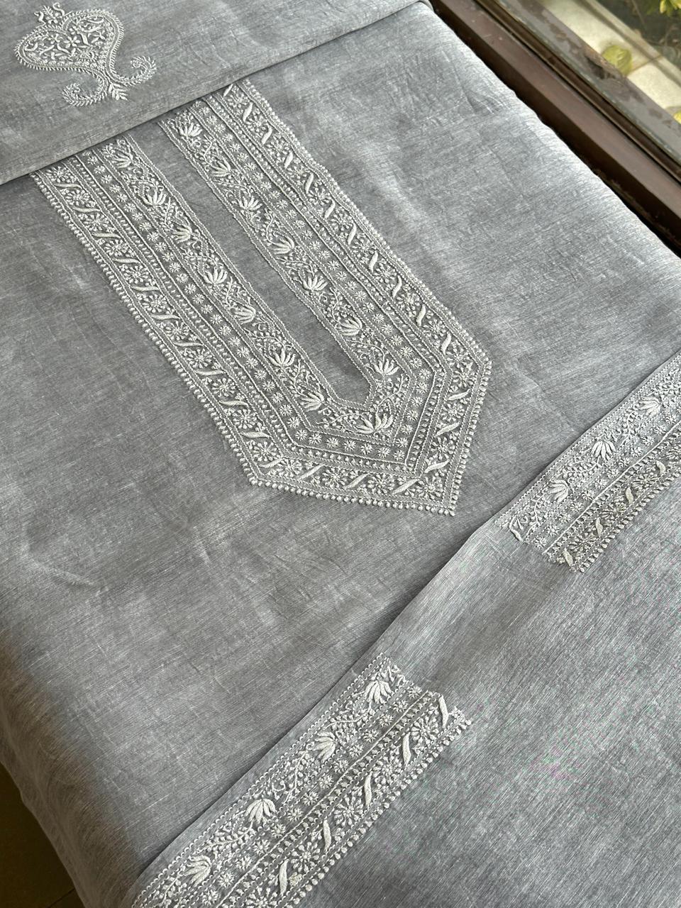 Grey Shade Yellow Linen Chikankari Unstitched Men's Kurtas Fabric
