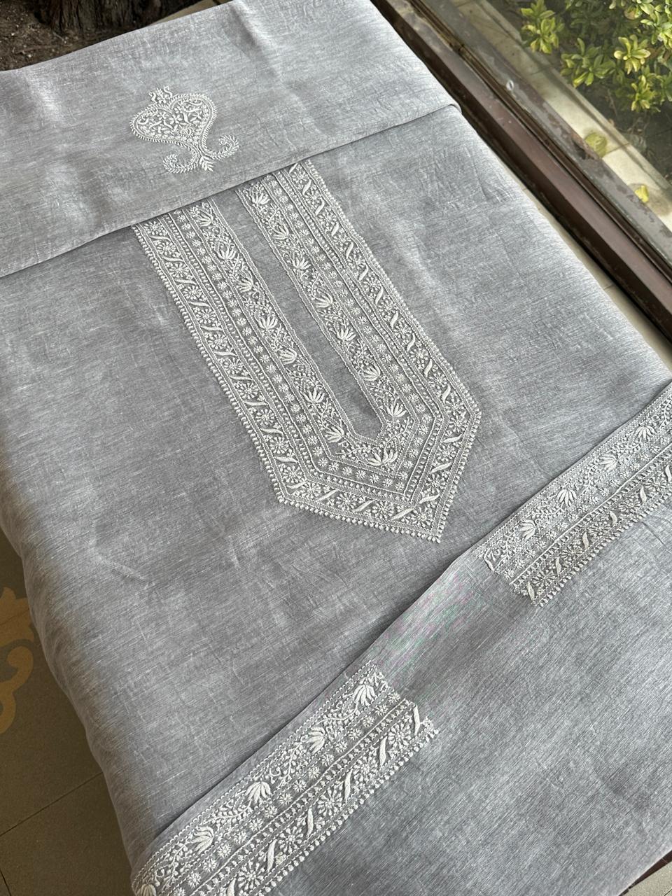 Grey Shade Yellow Linen Chikankari Unstitched Men's Kurtas Fabric