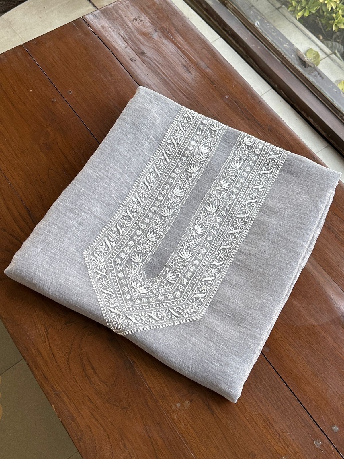 Grey Shade Yellow Linen Chikankari Unstitched Men's Kurtas Fabric
