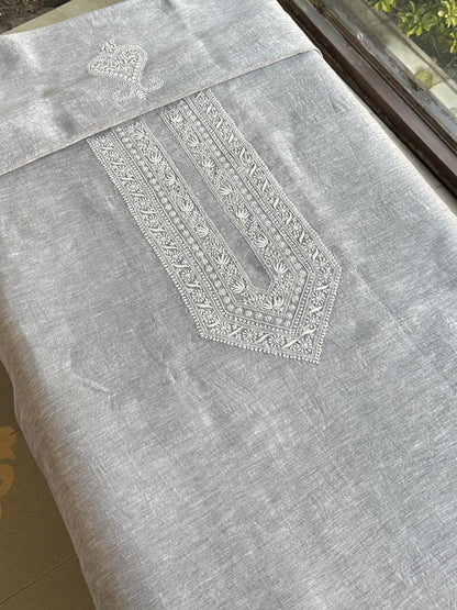 Grey Shade Yellow Linen Chikankari Unstitched Men's Kurtas Fabric