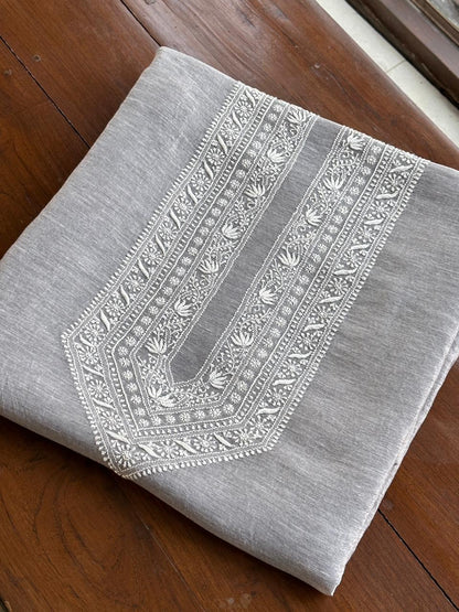 Grey Shade Yellow Linen Chikankari Unstitched Men's Kurtas Fabric
