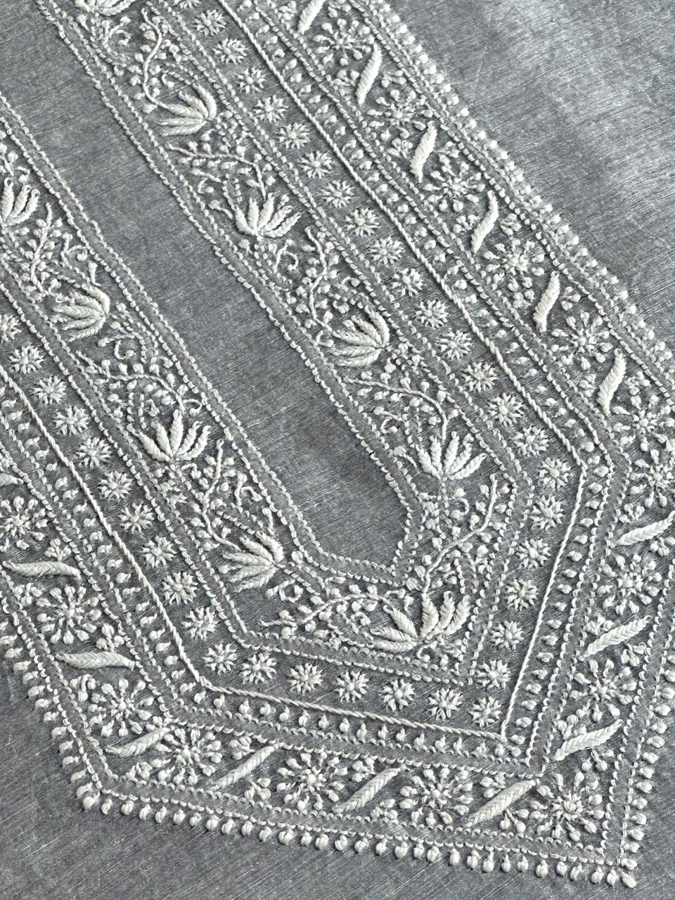Grey Shade Yellow Linen Chikankari Unstitched Men's Kurtas Fabric