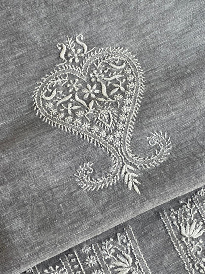 Grey Shade Yellow Linen Chikankari Unstitched Men's Kurtas Fabric