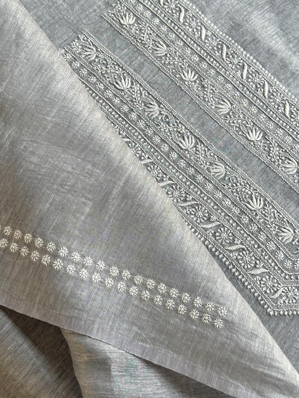 Grey Shade Yellow Linen Chikankari Unstitched Men's Kurtas Fabric