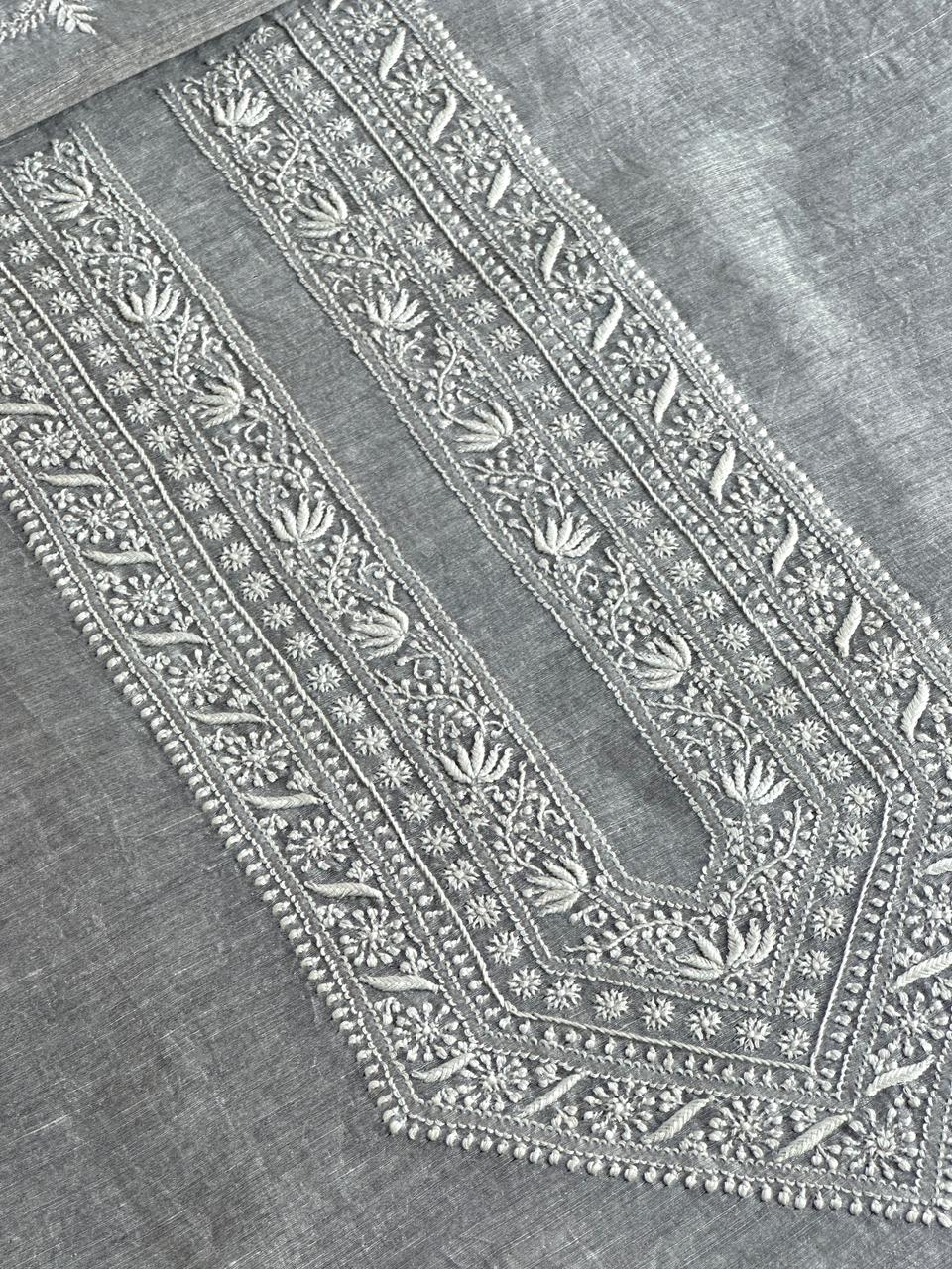 Grey Shade Yellow Linen Chikankari Unstitched Men's Kurtas Fabric