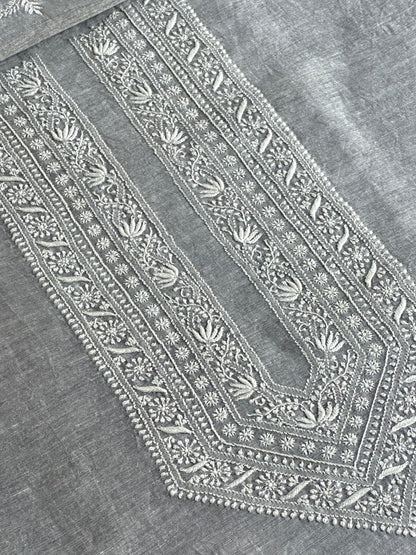 Grey Shade Yellow Linen Chikankari Unstitched Men's Kurtas Fabric