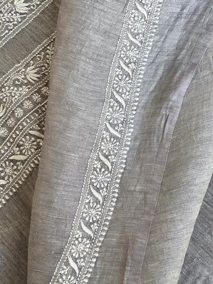 Grey Shade Yellow Linen Chikankari Unstitched Men's Kurtas Fabric