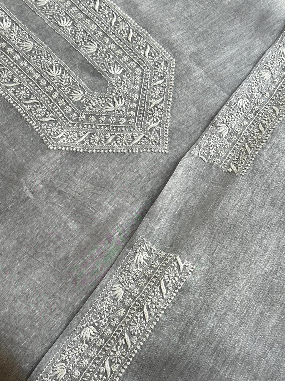 Grey Shade Yellow Linen Chikankari Unstitched Men's Kurtas Fabric