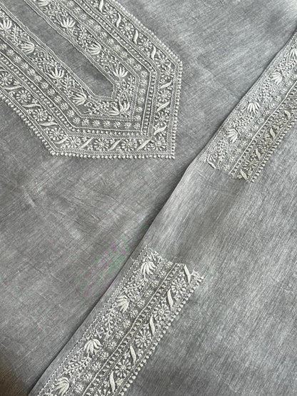 Grey Shade Yellow Linen Chikankari Unstitched Men's Kurtas Fabric
