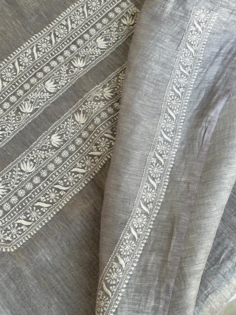 Grey Shade Yellow Linen Chikankari Unstitched Men's Kurtas Fabric