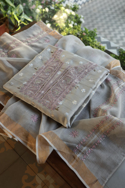 Grey Shade Zari Booti Fine Chikankari With Kamdani Work Unstitched Fabric
