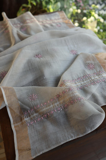 Grey Shade Zari Booti Fine Chikankari With Kamdani Work Unstitched Fabric