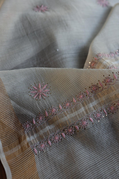 Grey Shade Zari Booti Fine Chikankari With Kamdani Work Unstitched Fabric